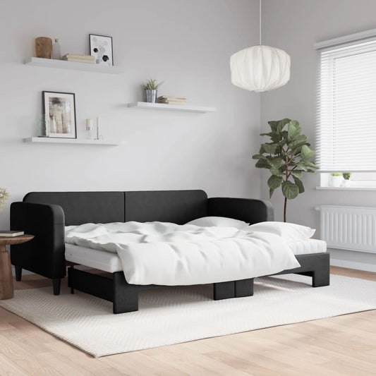 Slaapbank met onderschuifbed en matrassen 90x200 cm stof zwart is nu te koop bij PeponiXL, paradijselijk wonen!