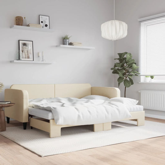 Slaapbank met onderschuifbed en matrassen 90x200 cm stof crème is nu te koop bij PeponiXL, paradijselijk wonen!