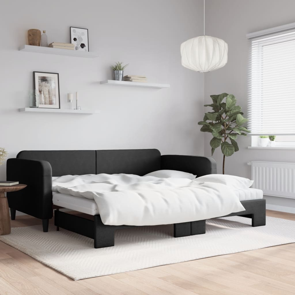 Slaapbank met onderschuifbed en matrassen 100x200 cm stof zwart is nu te koop bij PeponiXL, paradijselijk wonen!