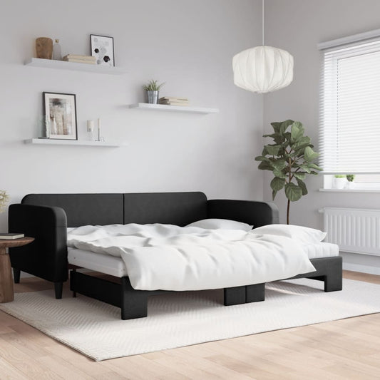Slaapbank met onderschuifbed en matrassen 100x200 cm stof zwart is nu te koop bij PeponiXL, paradijselijk wonen!