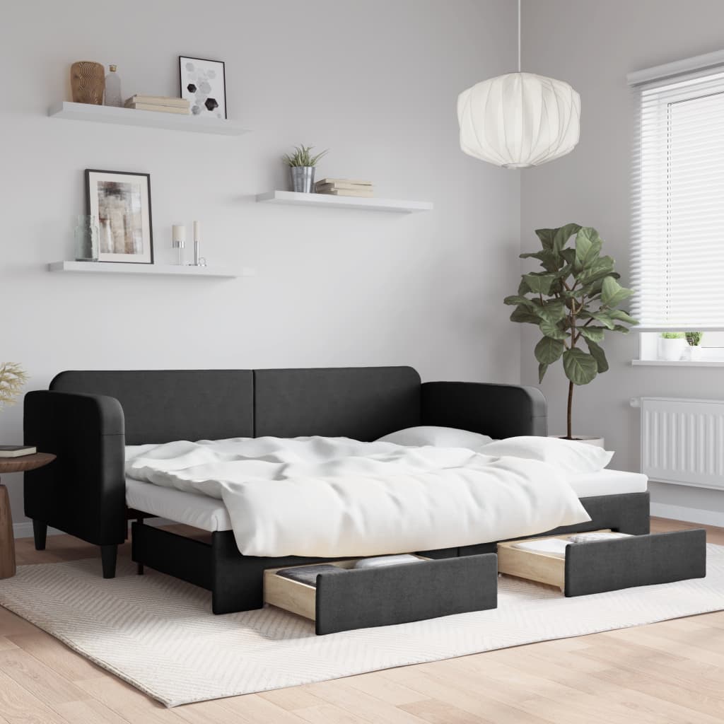 Slaapbank met onderschuifbed en lades 80x200 cm stof zwart is nu te koop bij PeponiXL, paradijselijk wonen!