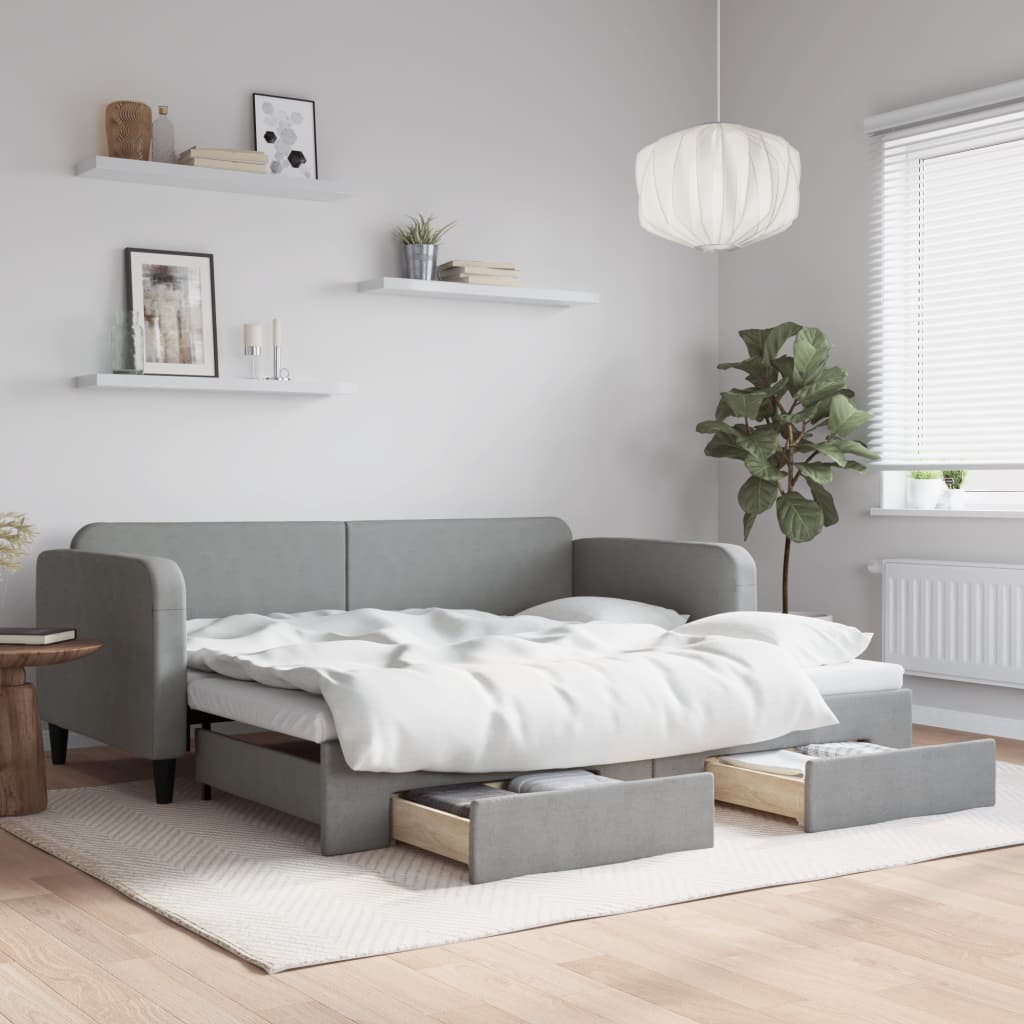 Slaapbank met onderschuifbed en lades 90x200 cm stof lichtgrijs is nu te koop bij PeponiXL, paradijselijk wonen!