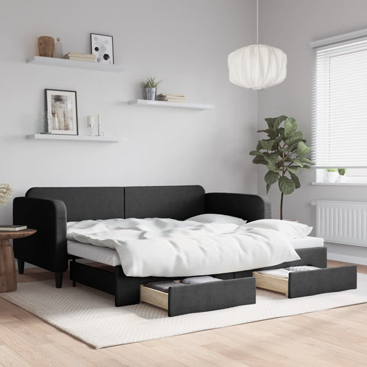 Slaapbank met onderschuifbed en lades 90x200 cm stof zwart is nu te koop bij PeponiXL, paradijselijk wonen!