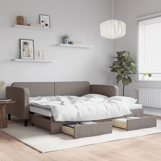 Slaapbank met onderschuifbed en lades 90x200 cm stof taupe is nu te koop bij PeponiXL, paradijselijk wonen!