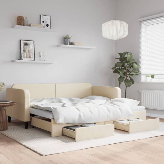 Slaapbank met onderschuifbed en lades 90x200 cm stof crèmekleur is nu te koop bij PeponiXL, paradijselijk wonen!