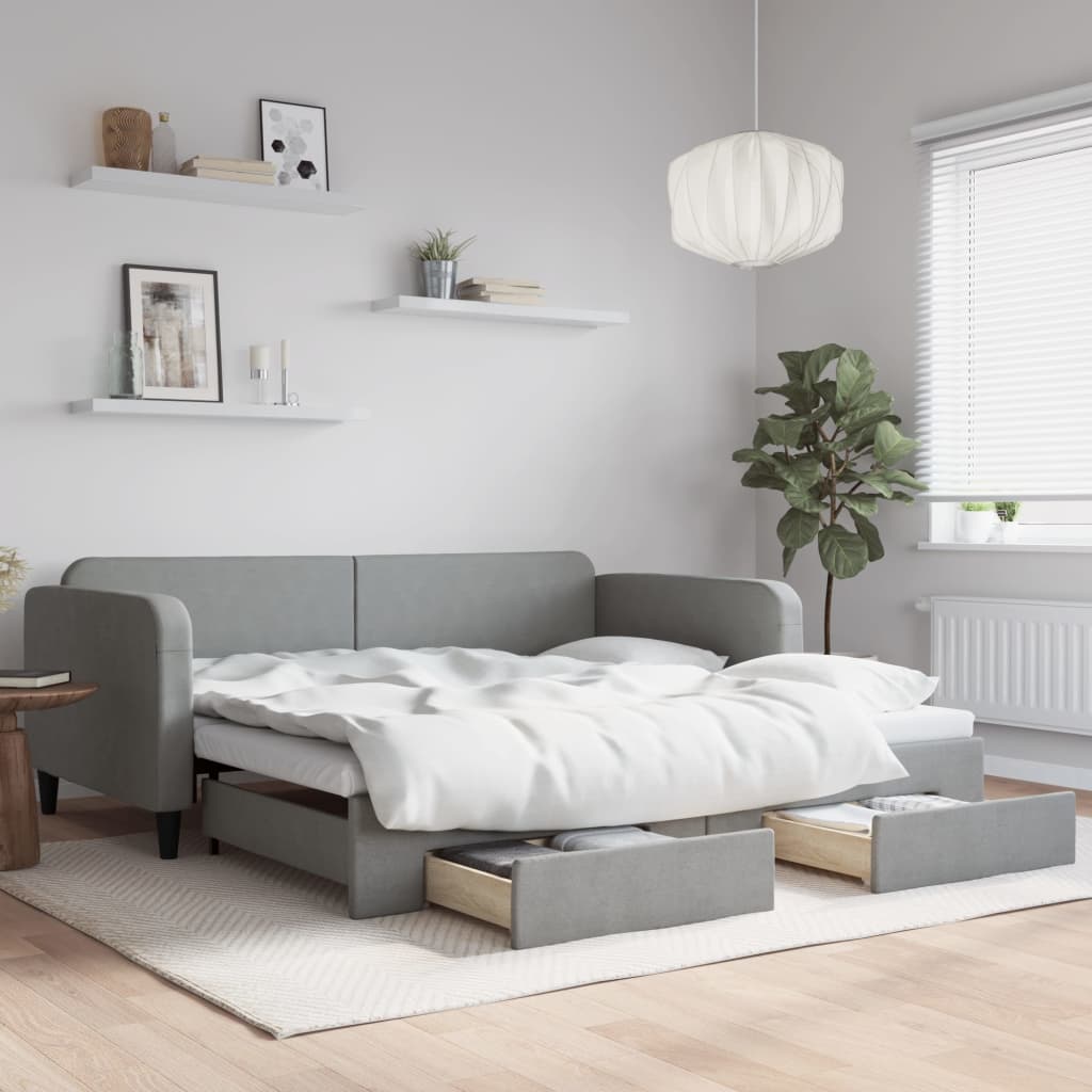 Slaapbank onderschuifbed en lades 100x200 cm stof lichtgrijs is nu te koop bij PeponiXL, paradijselijk wonen!