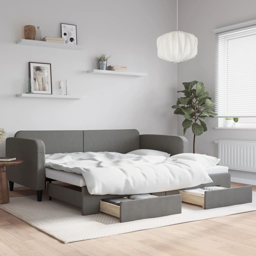Slaapbank onderschuifbed en lades 100x200 cm stof donkergrijs is nu te koop bij PeponiXL, paradijselijk wonen!