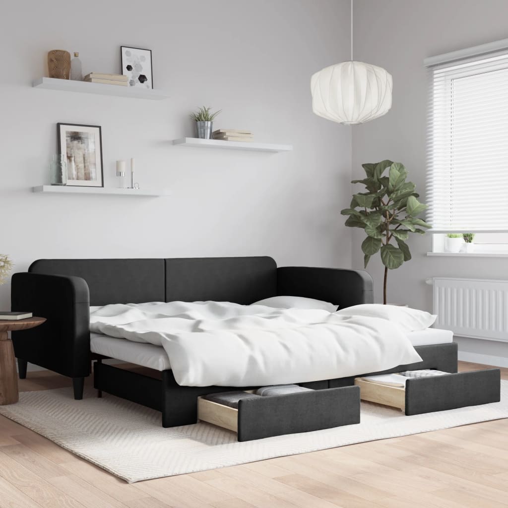 Slaapbank met onderschuifbed en lades 100x200 cm stof zwart is nu te koop bij PeponiXL, paradijselijk wonen!