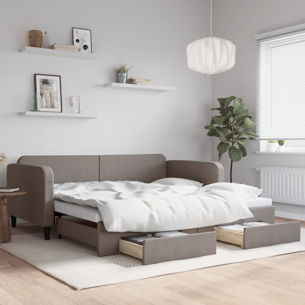 Slaapbank met onderschuifbed en lades 100x200 cm stof taupe is nu te koop bij PeponiXL, paradijselijk wonen!