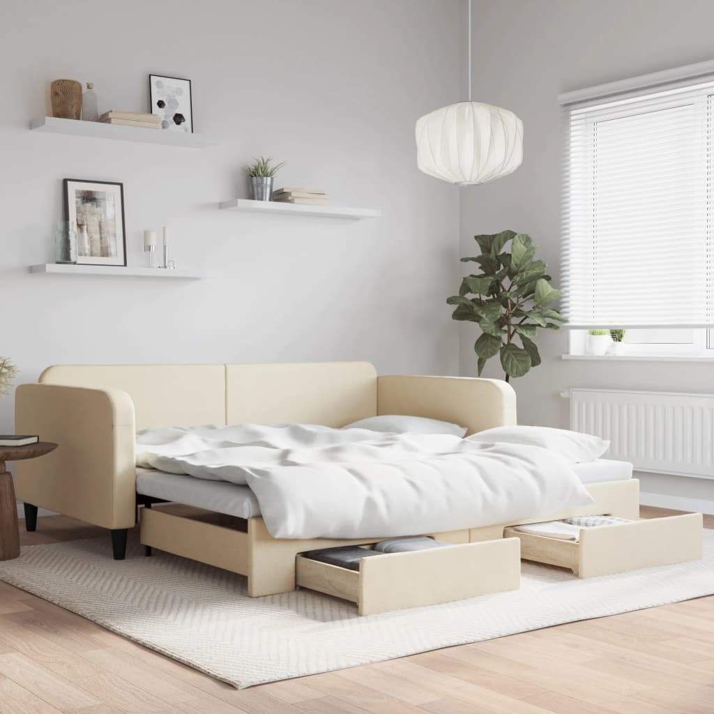 Slaapbank met onderschuifbed en lades 100x200 cm stof crème is nu te koop bij PeponiXL, paradijselijk wonen!