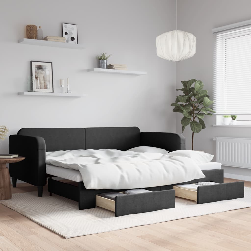 Slaapbank met onderschuifbed en lades 90x190 cm stof zwart is nu te koop bij PeponiXL, paradijselijk wonen!