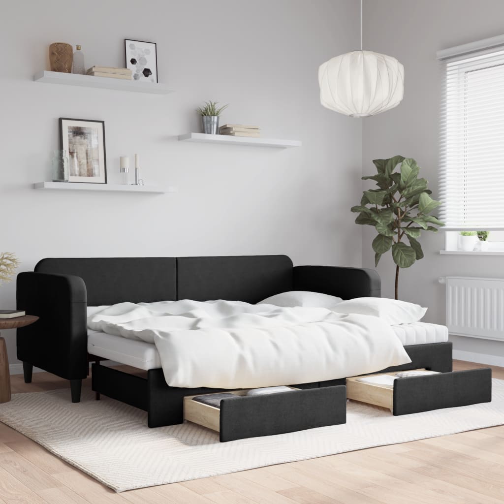 Slaapbank met onderschuifbed en lades 80x200 cm stof zwart is nu te koop bij PeponiXL, paradijselijk wonen!