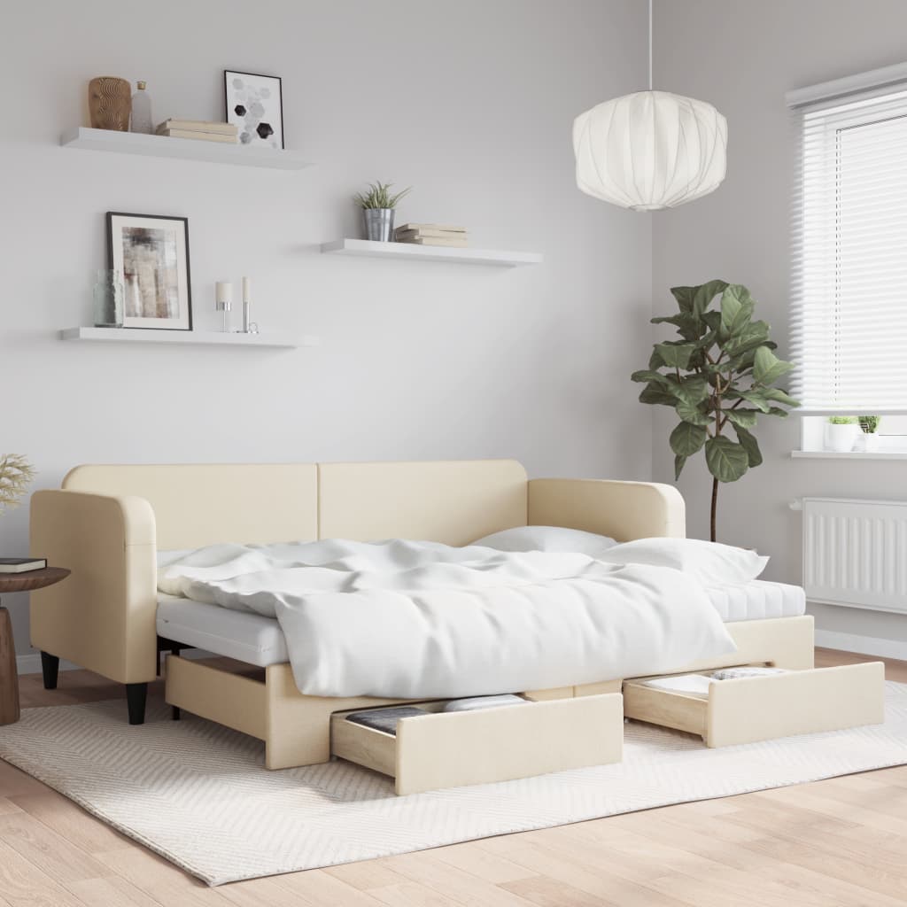 Slaapbank met onderschuifbed en lades 80x200 cm stof crèmekleur is nu te koop bij PeponiXL, paradijselijk wonen!