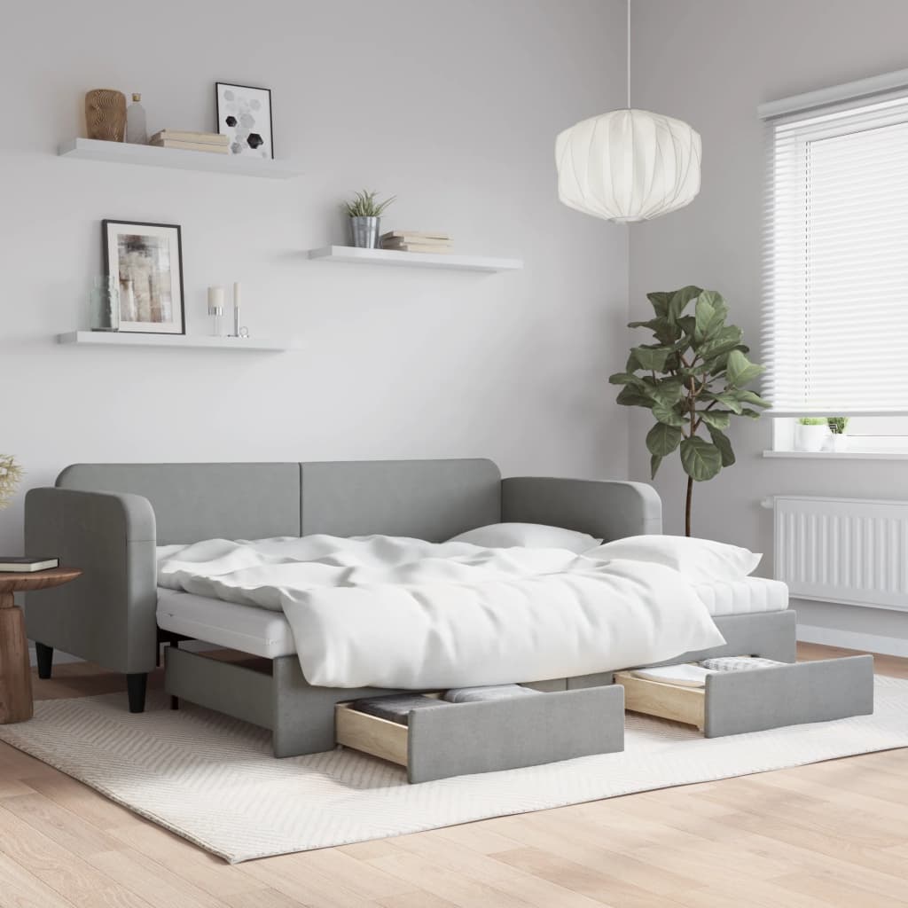 Slaapbank met onderschuifbed en lades 90x200 cm stof lichtgrijs is nu te koop bij PeponiXL, paradijselijk wonen!