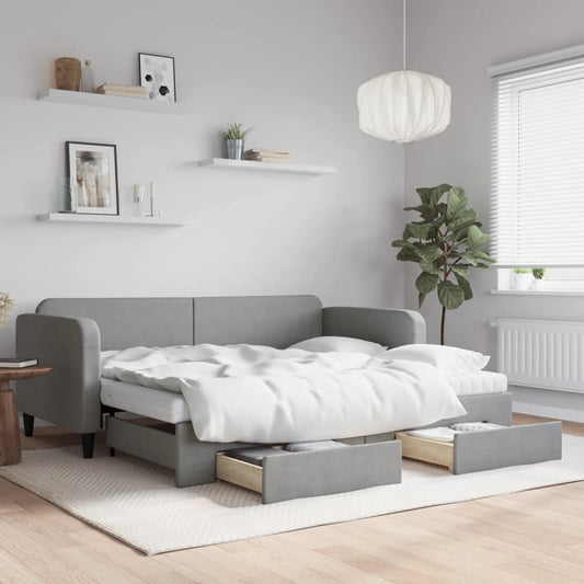Slaapbank met onderschuifbed en lades 90x200 cm stof lichtgrijs is nu te koop bij PeponiXL, paradijselijk wonen!