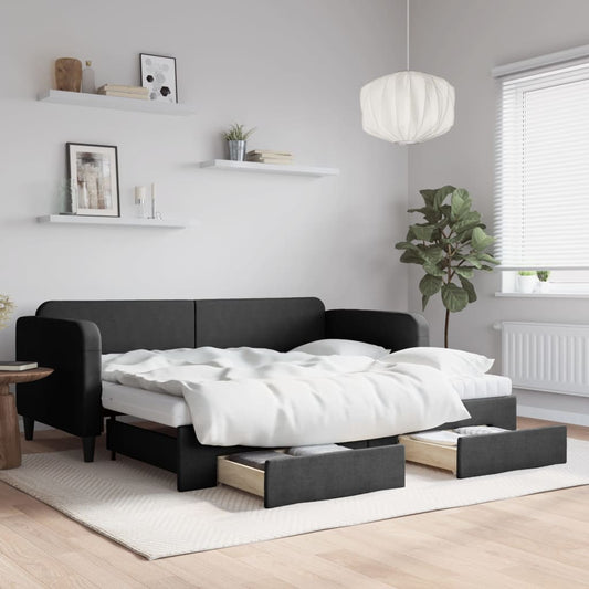 Slaapbank met onderschuifbed en lades 90x200 cm stof zwart is nu te koop bij PeponiXL, paradijselijk wonen!