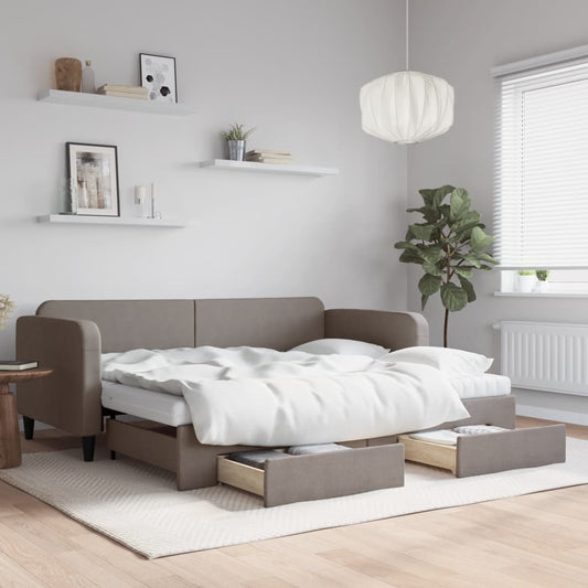 Slaapbank met onderschuifbed en lades 90x200 cm stof taupe is nu te koop bij PeponiXL, paradijselijk wonen!