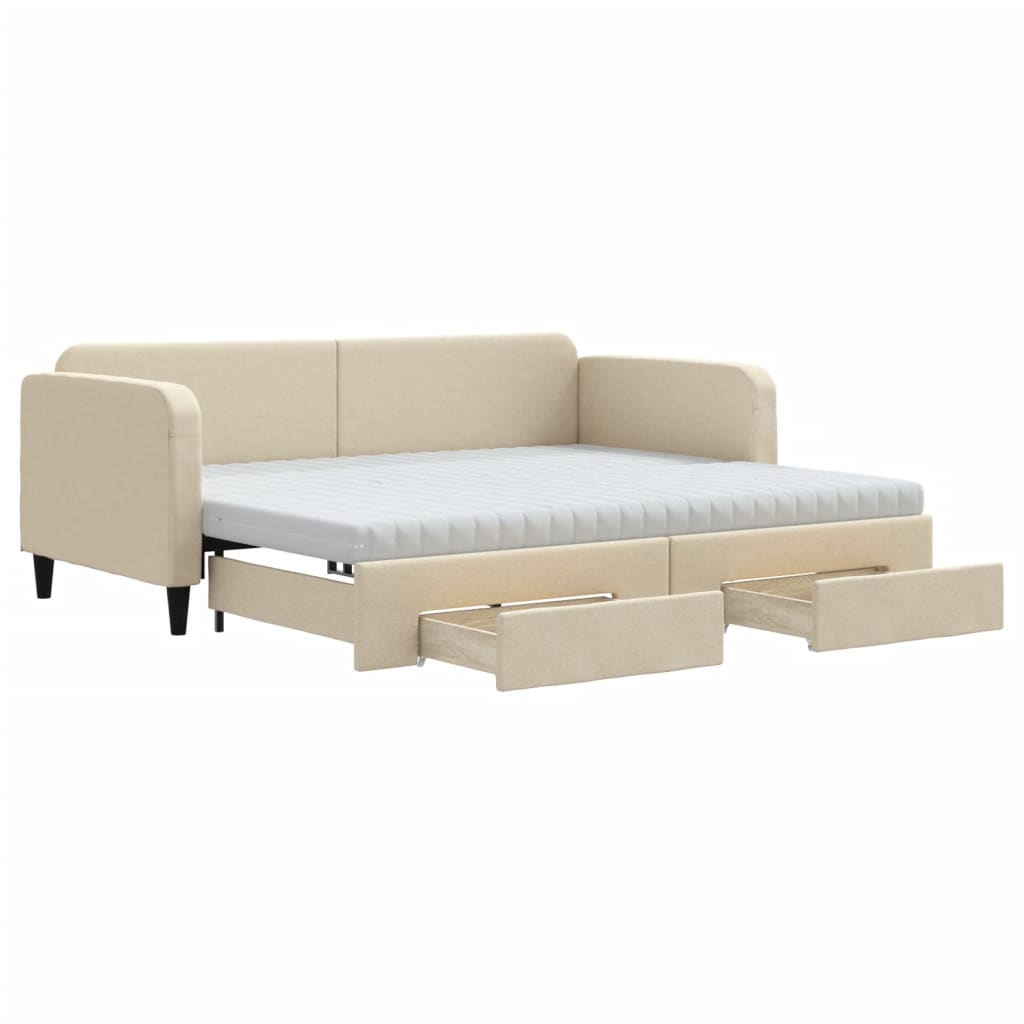 Slaapbank met onderschuifbed en lades 90x200 cm stof crèmekleur is nu te koop bij PeponiXL, paradijselijk wonen!