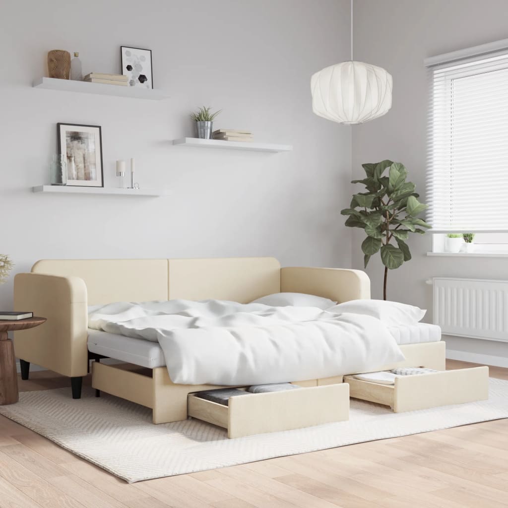 Slaapbank met onderschuifbed en lades 90x200 cm stof crèmekleur is nu te koop bij PeponiXL, paradijselijk wonen!