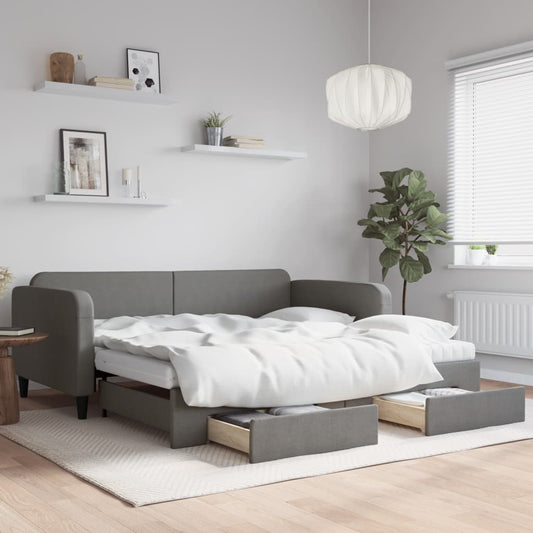 Slaapbank onderschuifbed en lades 100x200 cm stof donkergrijs is nu te koop bij PeponiXL, paradijselijk wonen!