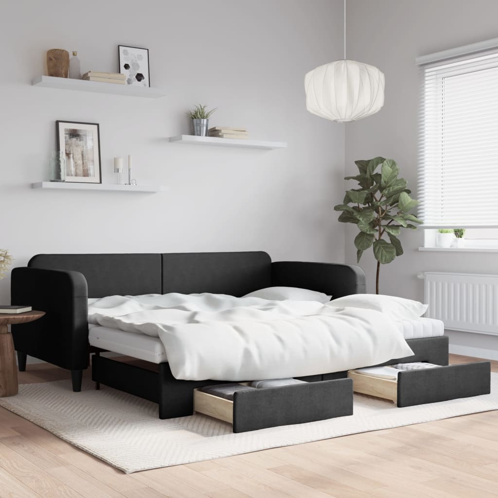 Slaapbank met onderschuifbed en lades 100x200 cm stof zwart is nu te koop bij PeponiXL, paradijselijk wonen!