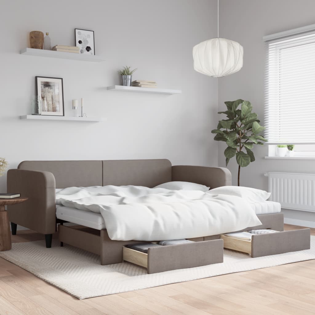 Slaapbank met onderschuifbed en lades 100x200 cm stof taupe is nu te koop bij PeponiXL, paradijselijk wonen!