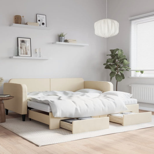 Slaapbank met onderschuifbed en lades 100x200 cm stof crème is nu te koop bij PeponiXL, paradijselijk wonen!