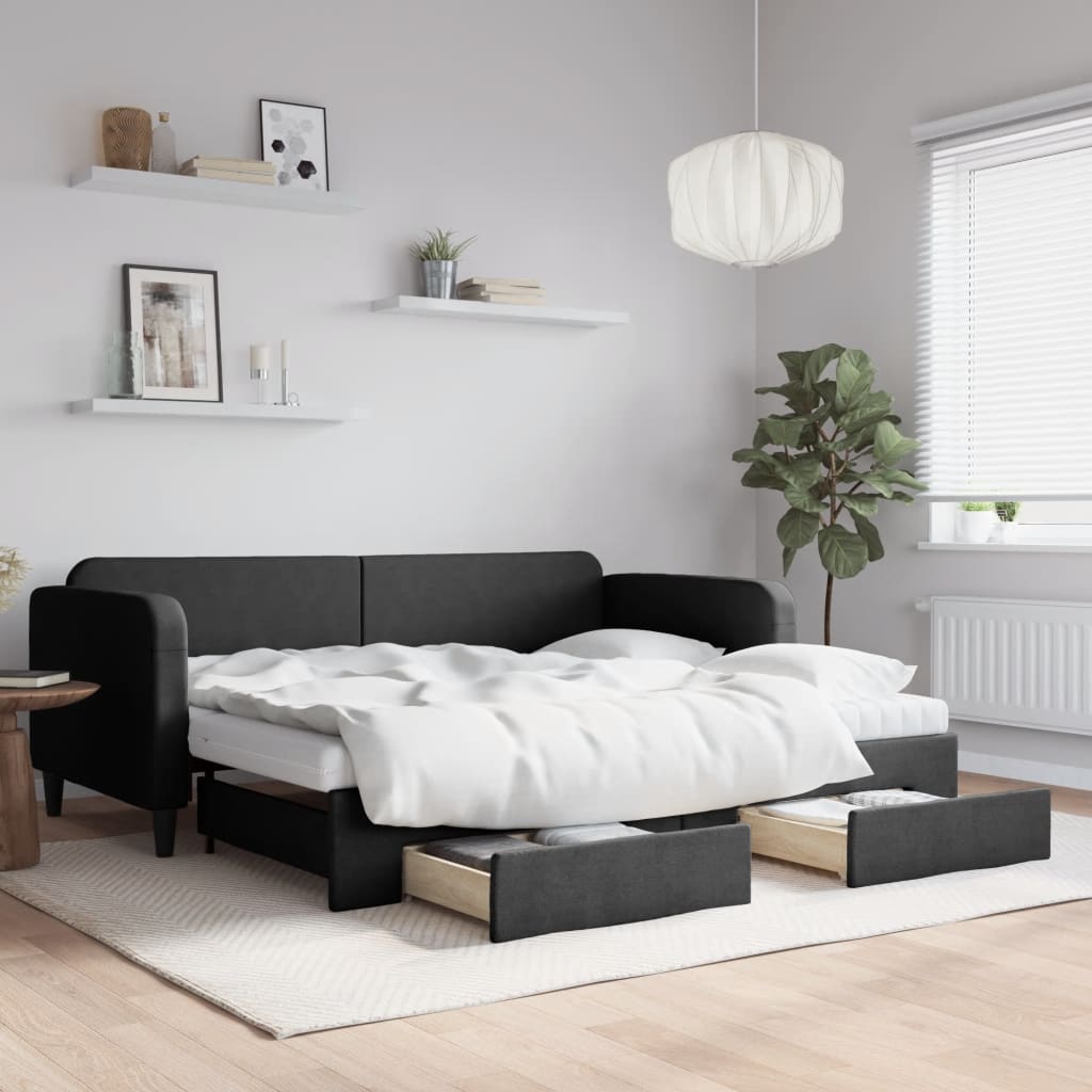 Slaapbank met onderschuifbed en lades 90x190 cm stof zwart is nu te koop bij PeponiXL, paradijselijk wonen!