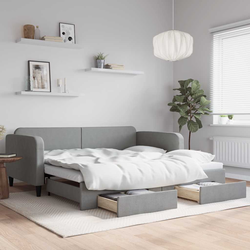 Slaapbank met onderschuifbed lades 100x190 cm stof lichtgrijs is nu te koop bij PeponiXL, paradijselijk wonen!