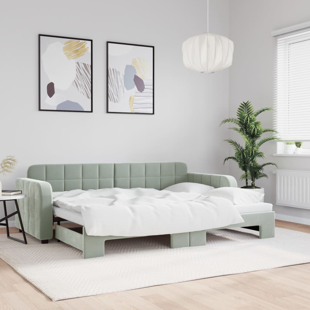 Slaapbank met onderschuifbed 80x200 cm fluweel lichtgrijs is nu te koop bij PeponiXL, paradijselijk wonen!