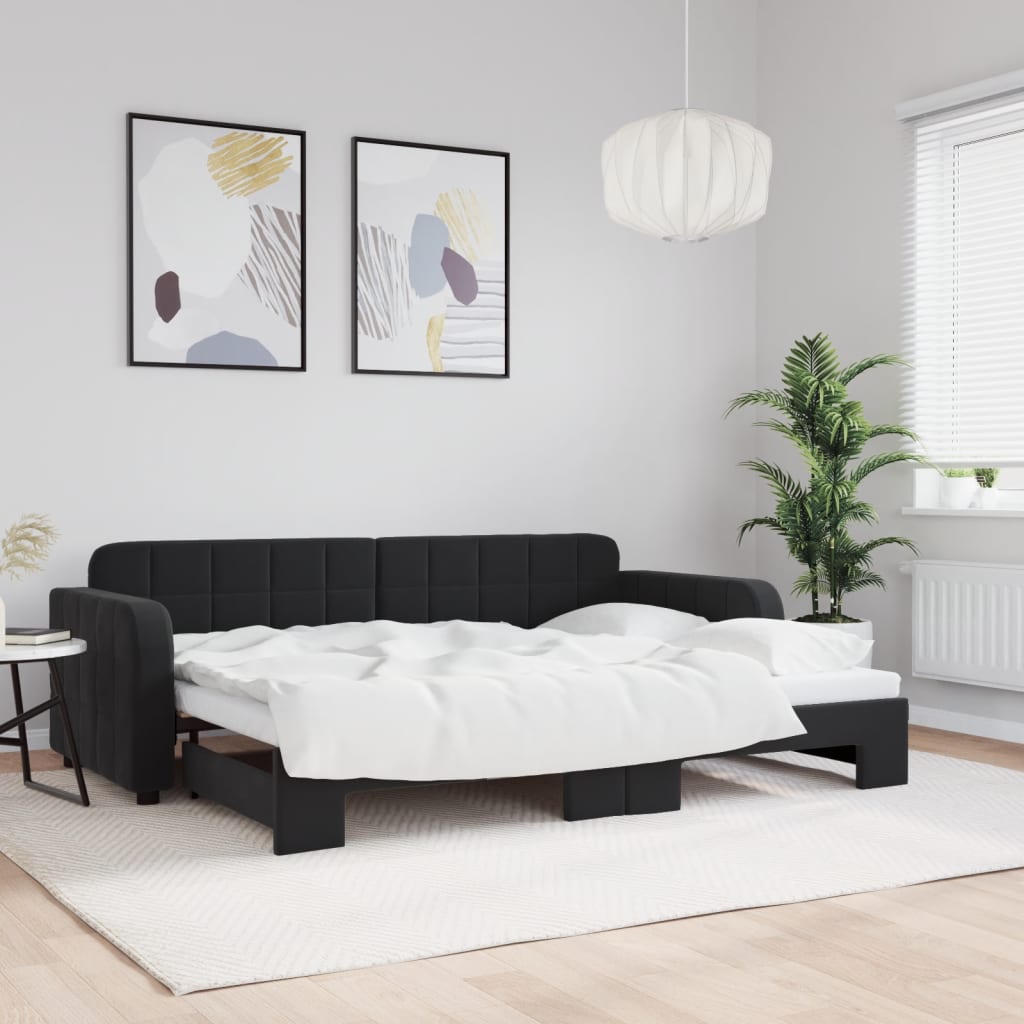 Slaapbank met onderschuifbed 80x200 cm fluweel zwart is nu te koop bij PeponiXL, paradijselijk wonen!