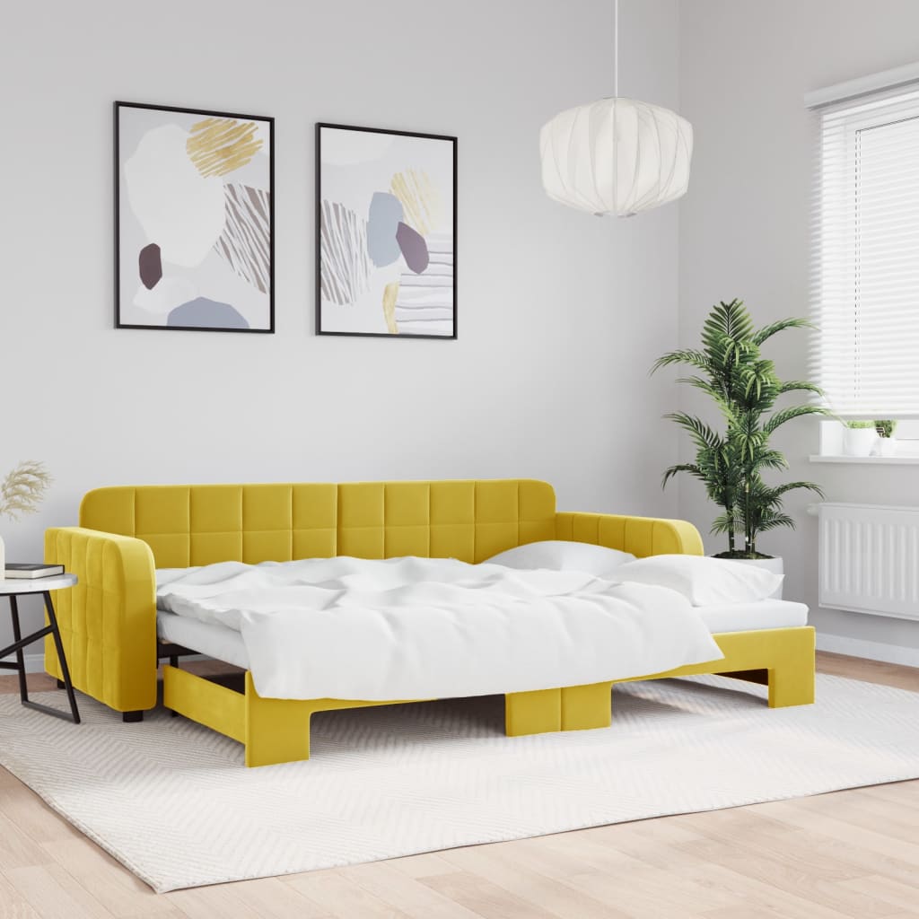 Slaapbank met onderschuifbed 80x200 cm fluweel geel is nu te koop bij PeponiXL, paradijselijk wonen!