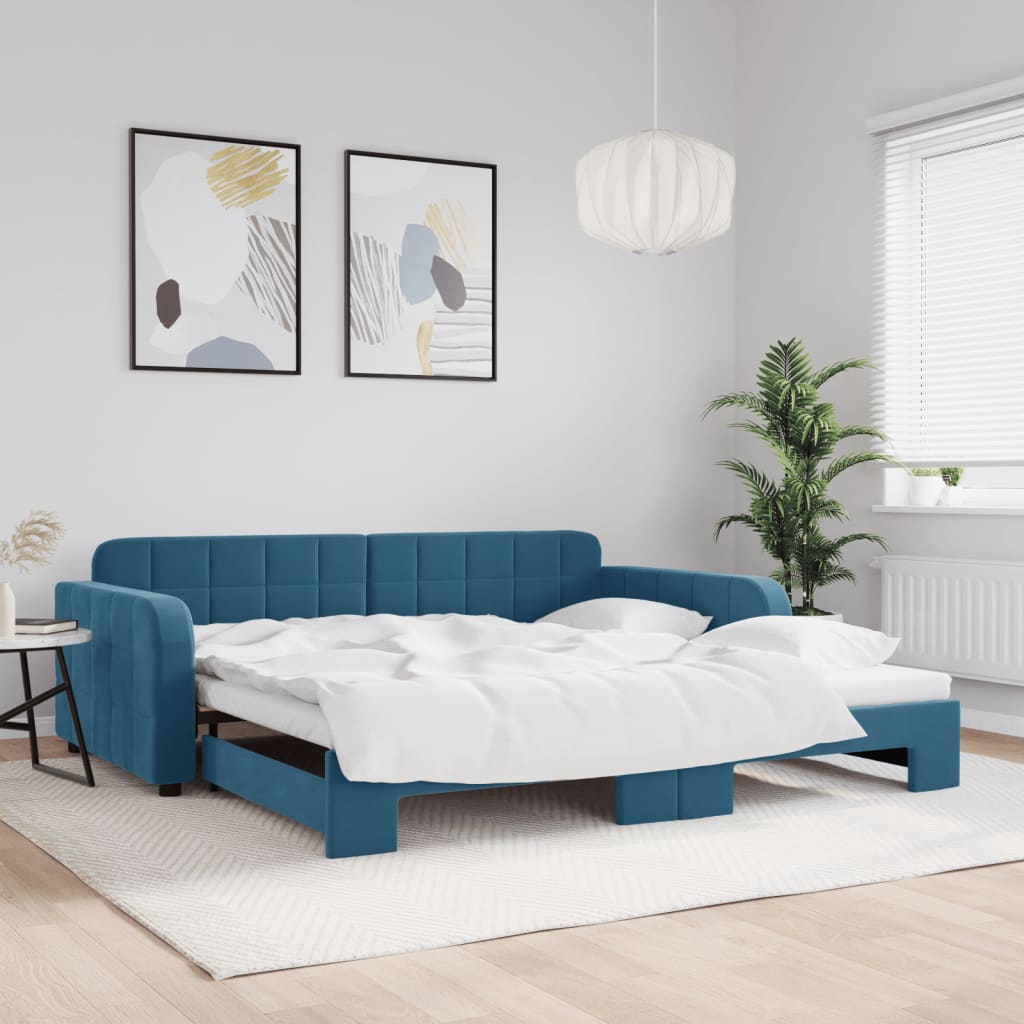 Slaapbank met onderschuifbed 100x200 cm fluweel blauw is nu te koop bij PeponiXL, paradijselijk wonen!