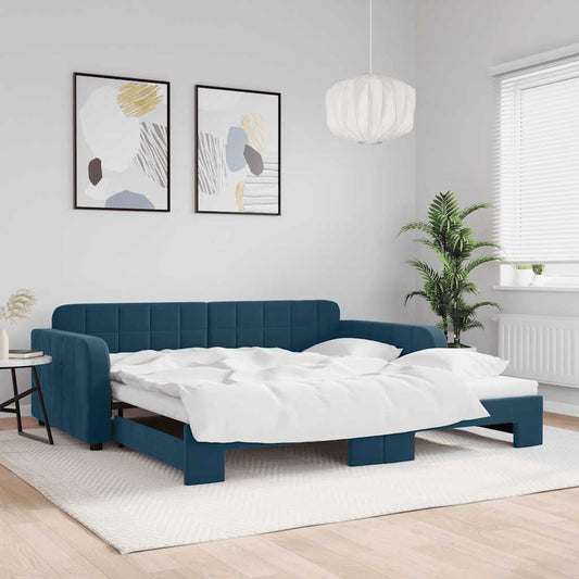 Slaapbank met onderschuifbed 100x200 cm fluweel blauw is nu te koop bij PeponiXL, paradijselijk wonen!