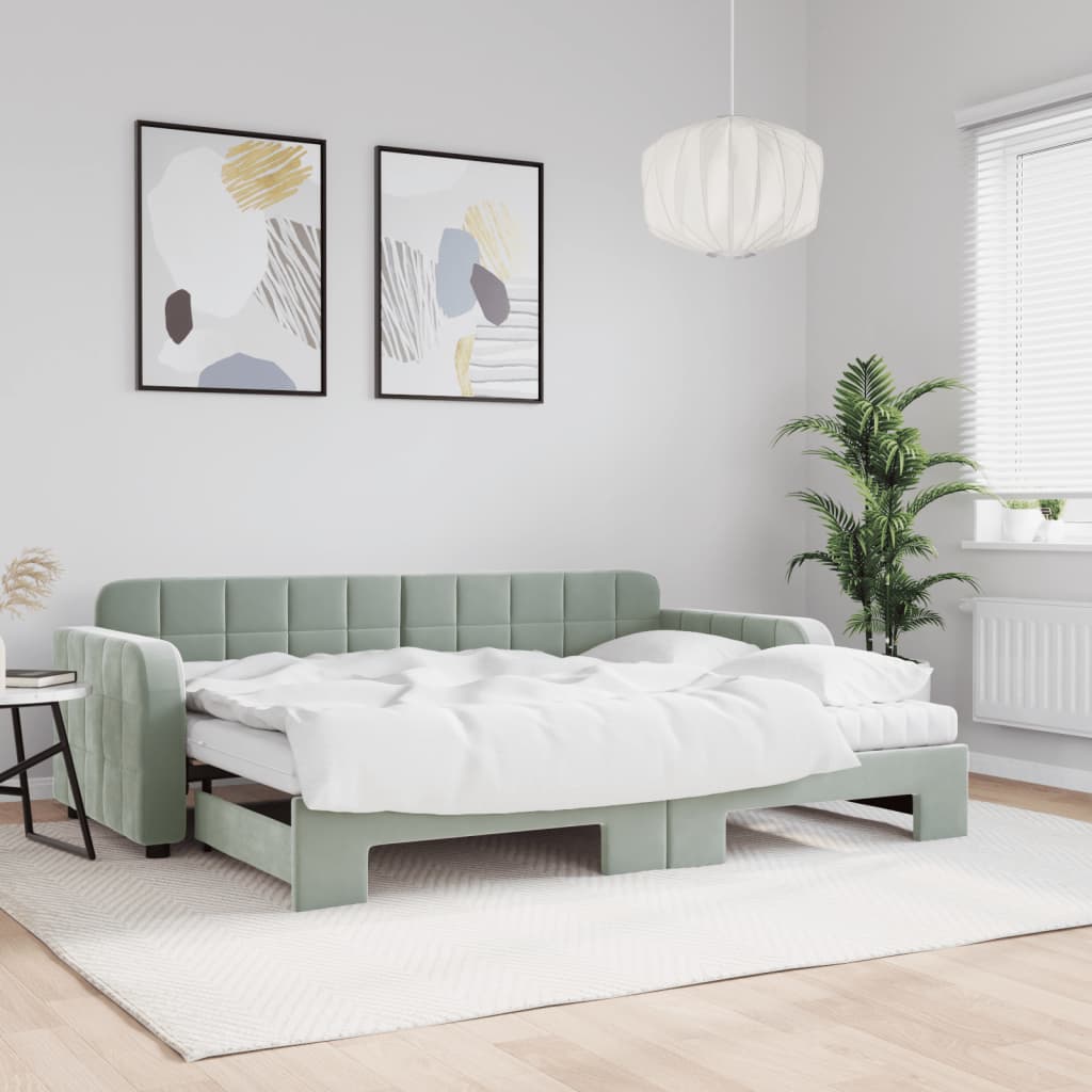 Slaapbank onderschuifbed matrassen 80x200 cm fluweel lichtgrijs is nu te koop bij PeponiXL, paradijselijk wonen!