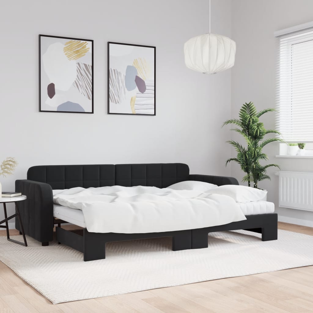 Slaapbank onderschuifbed en matrassen 80x200 cm fluweel zwart is nu te koop bij PeponiXL, paradijselijk wonen!