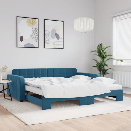 Slaapbank onderschuifbed en matrassen 100x200 cm fluweel blauw is nu te koop bij PeponiXL, paradijselijk wonen!