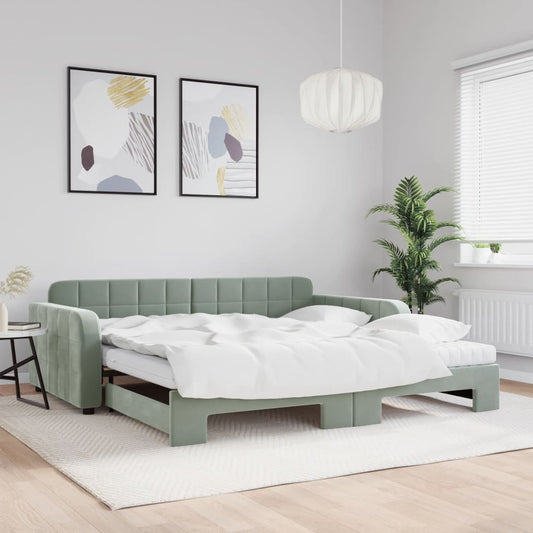 Slaapbank onderschuifbed matrassen 100x200cm fluweel lichtgrijs is nu te koop bij PeponiXL, paradijselijk wonen!