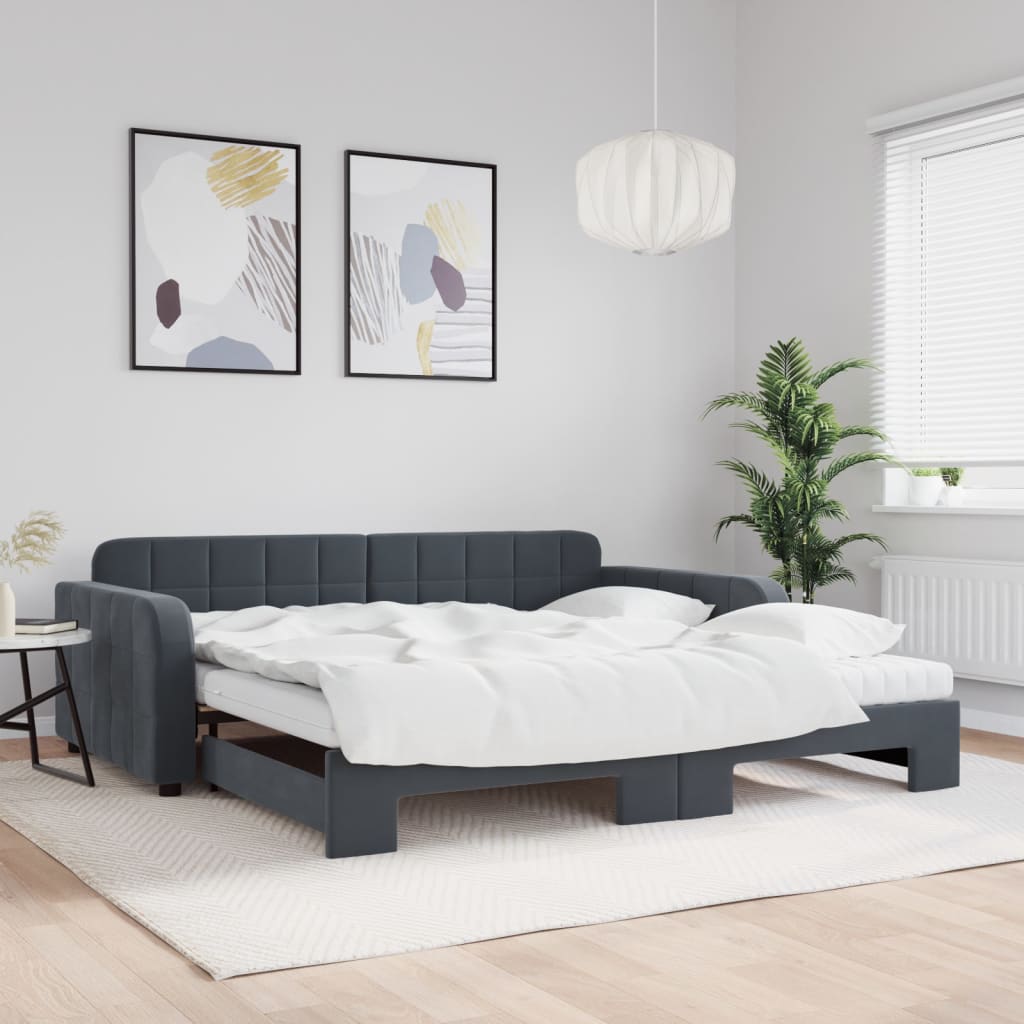 Slaapbank onderschuifbed matrassen 100x200cm fluweeldonkergrijs is nu te koop bij PeponiXL, paradijselijk wonen!