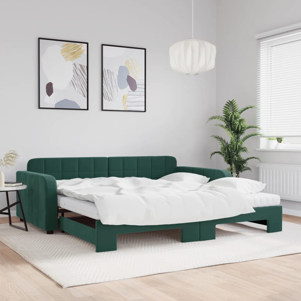 Slaapbank onderschuifbed matrassen 100x200cm fluweeldonkergroen is nu te koop bij PeponiXL, paradijselijk wonen!