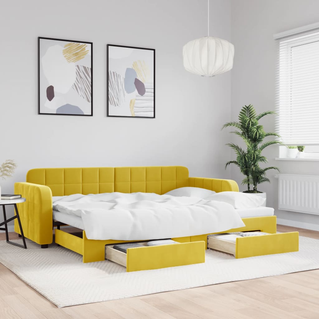 Slaapbank met onderschuifbed en lades 80x200 cm fluweel geel is nu te koop bij PeponiXL, paradijselijk wonen!
