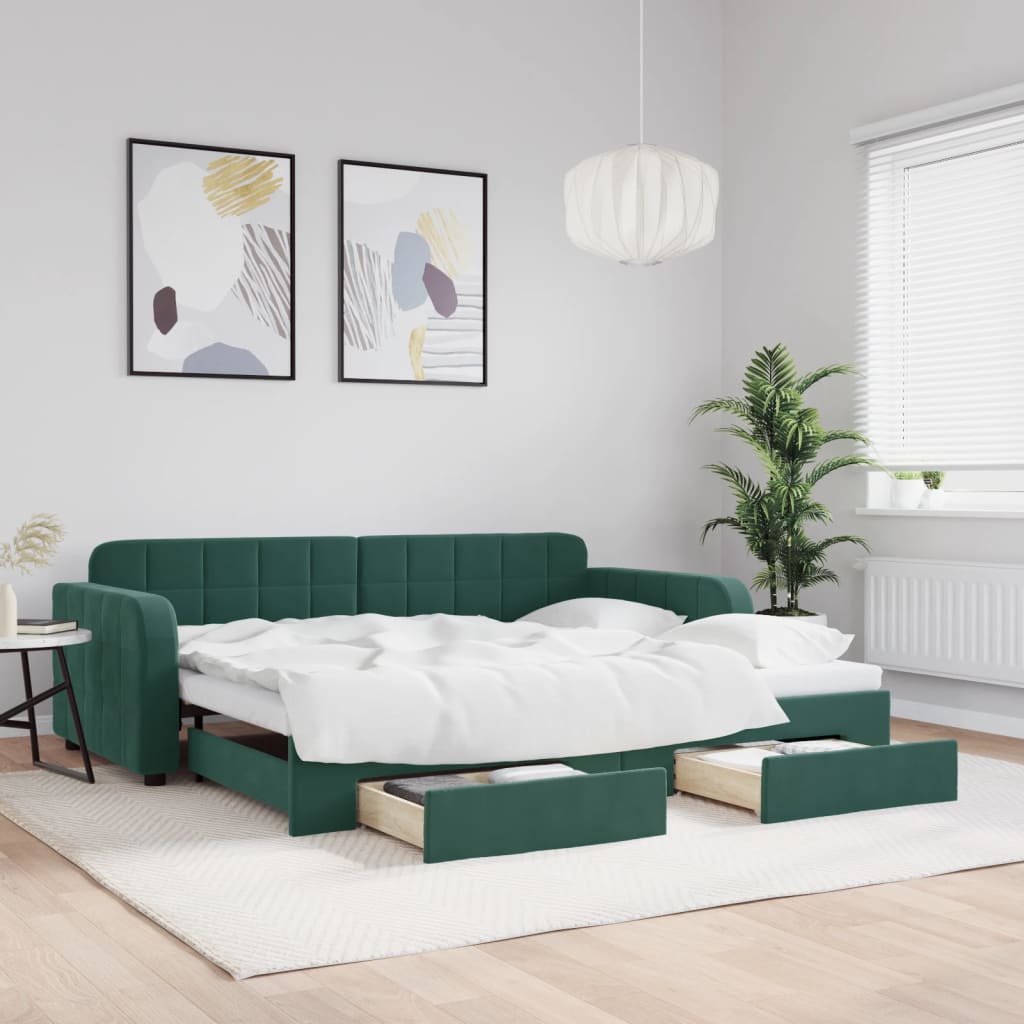 Slaapbank onderschuifbed en lades 90x200 cm fluweel donkergroen is nu te koop bij PeponiXL, paradijselijk wonen!