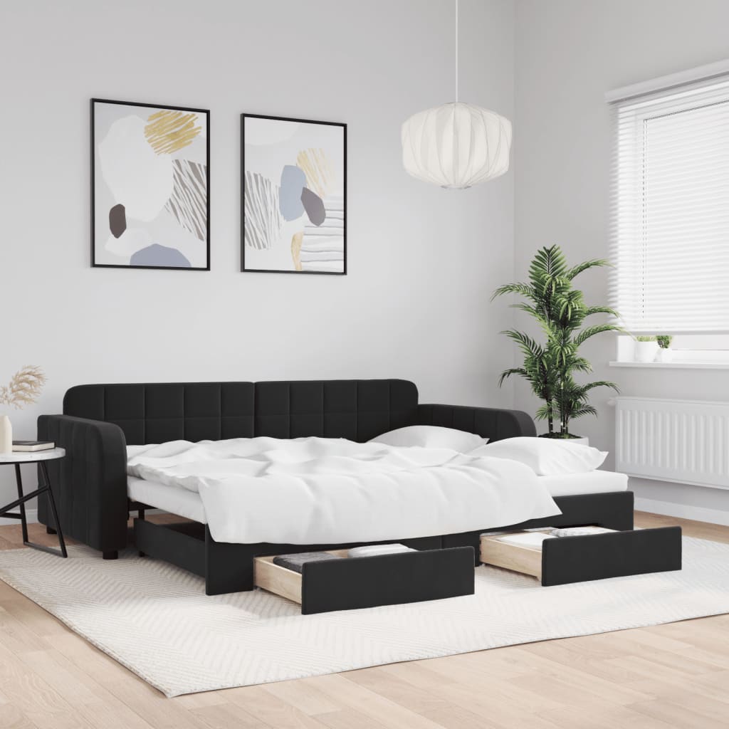 Slaapbank met onderschuifbed en lades 90x200 cm fluweel zwart is nu te koop bij PeponiXL, paradijselijk wonen!