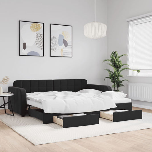 Slaapbank met onderschuifbed en lades 90x200 cm fluweel zwart is nu te koop bij PeponiXL, paradijselijk wonen!