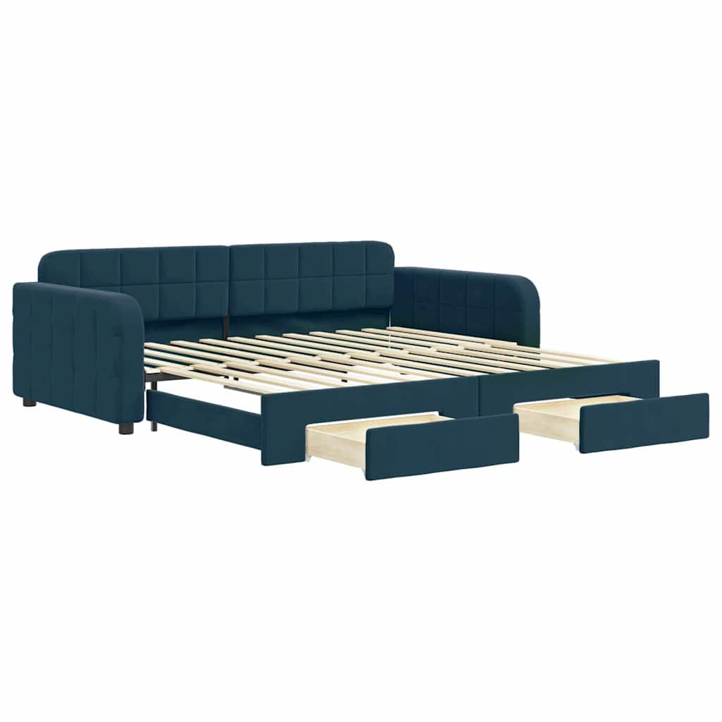Slaapbank met onderschuifbed en lades 100x200 cm fluweel blauw is nu te koop bij PeponiXL, paradijselijk wonen!