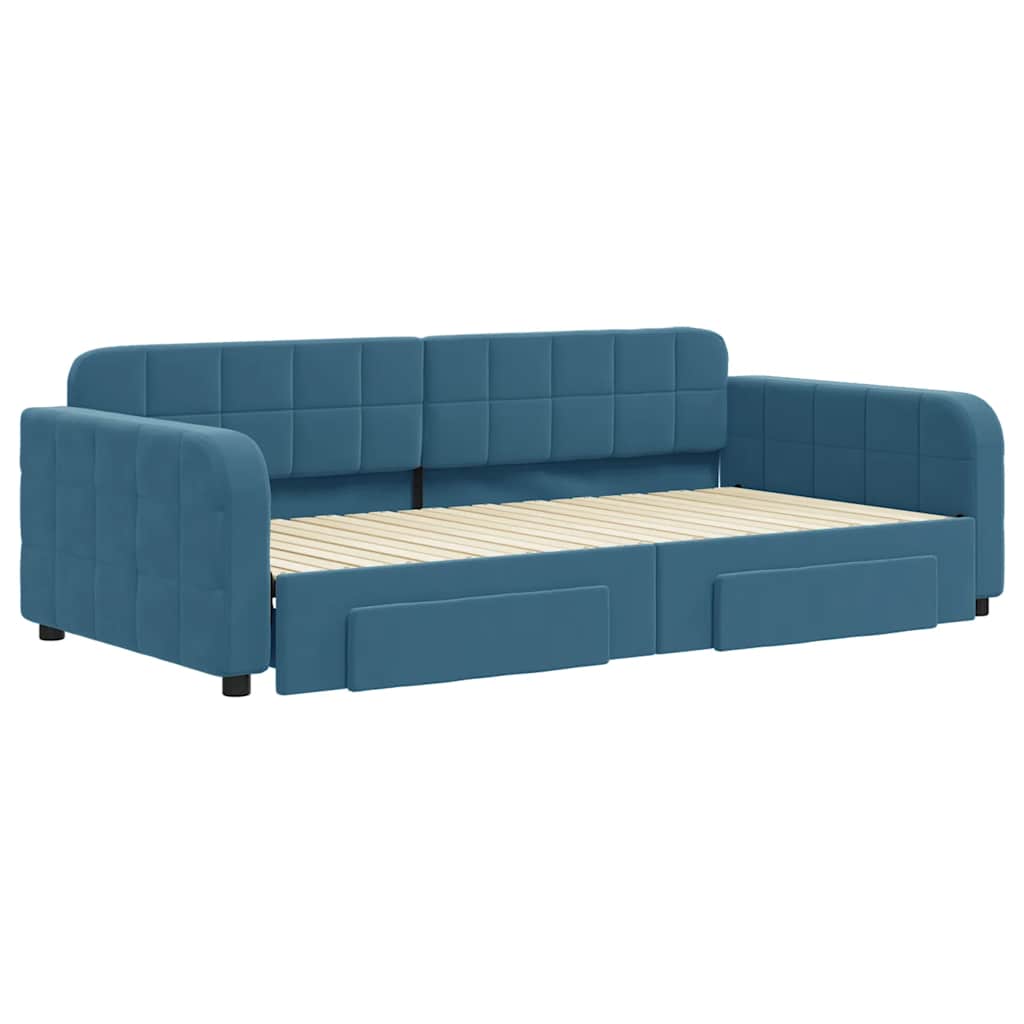 Slaapbank met onderschuifbed en lades 100x200 cm fluweel blauw is nu te koop bij PeponiXL, paradijselijk wonen!