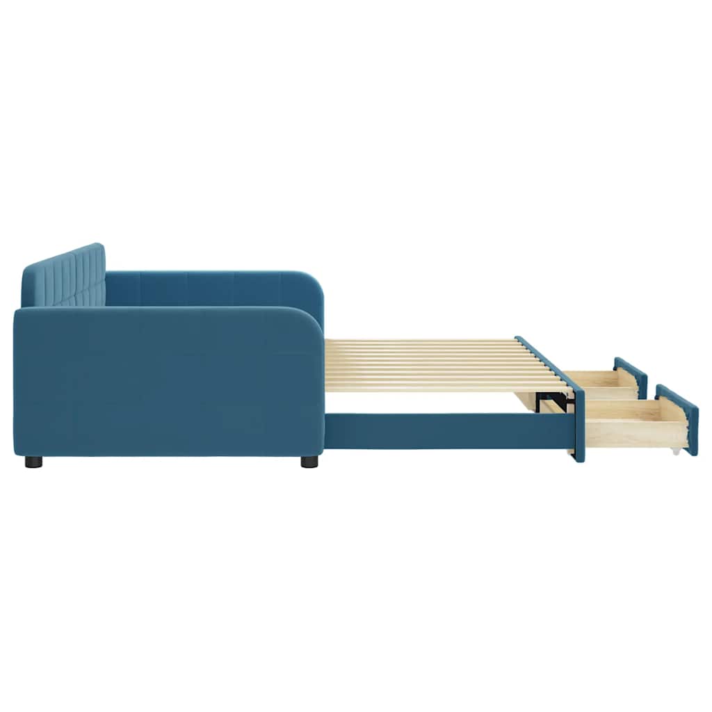 Slaapbank met onderschuifbed en lades 100x200 cm fluweel blauw is nu te koop bij PeponiXL, paradijselijk wonen!