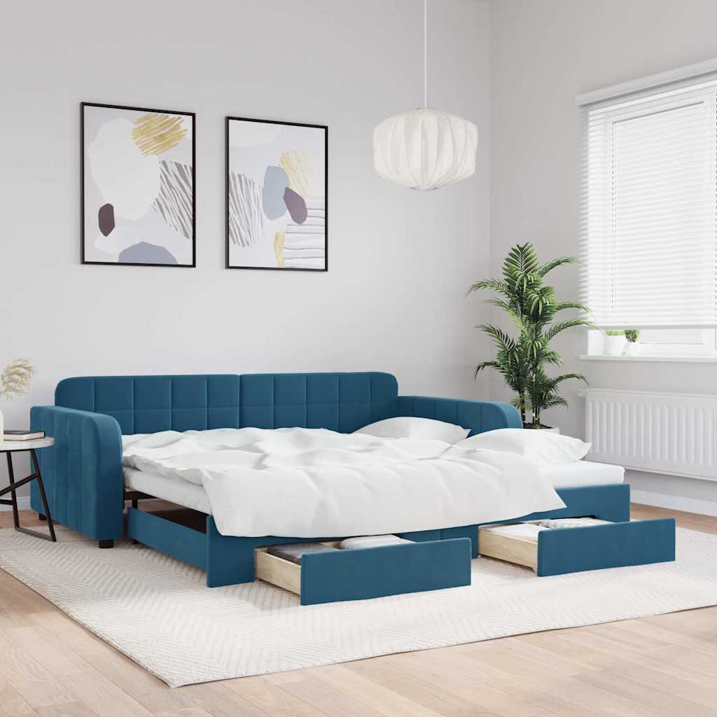 Slaapbank met onderschuifbed en lades 100x200 cm fluweel blauw is nu te koop bij PeponiXL, paradijselijk wonen!
