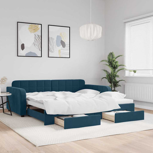 Slaapbank met onderschuifbed en lades 100x200 cm fluweel blauw is nu te koop bij PeponiXL, paradijselijk wonen!