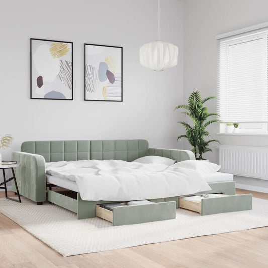 Slaapbank onderschuifbed en lades 100x200 cm fluweel lichtgrijs is nu te koop bij PeponiXL, paradijselijk wonen!